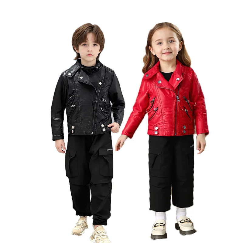 Boys Girls Christmas Rock Motorcycle Pu Leather Jacket Children Waterproof Windproof Coat Kids Street Photography Wear 2-12Y