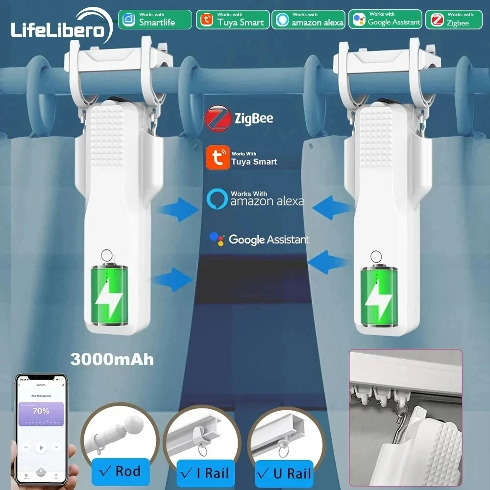 LifeLibero-Robot de cortina Zigbee 5th Tuya, Motor Universal para cortinas inteligentes, abridor de ventanas, varilla de controlador, riel en U,