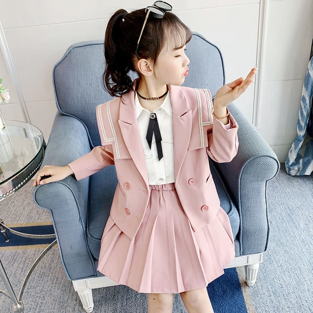 2023 Spring Autumn Girls Sets 2PCS Sailor Collar Jacket Pleated Skirts Solid Double Breasted Korean Fashionable 5 12 Years Old AliExpress