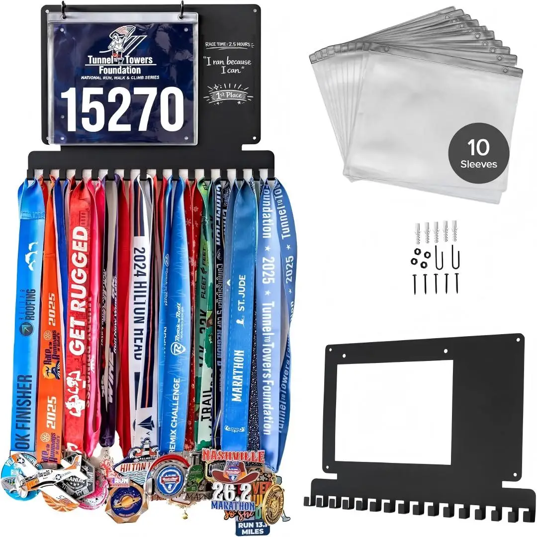 Running Medal Hanger Display, Premium Thick Medal Holder with Individual Hooks, Write-On Board & Bib Sleeves, Wall-Mounted