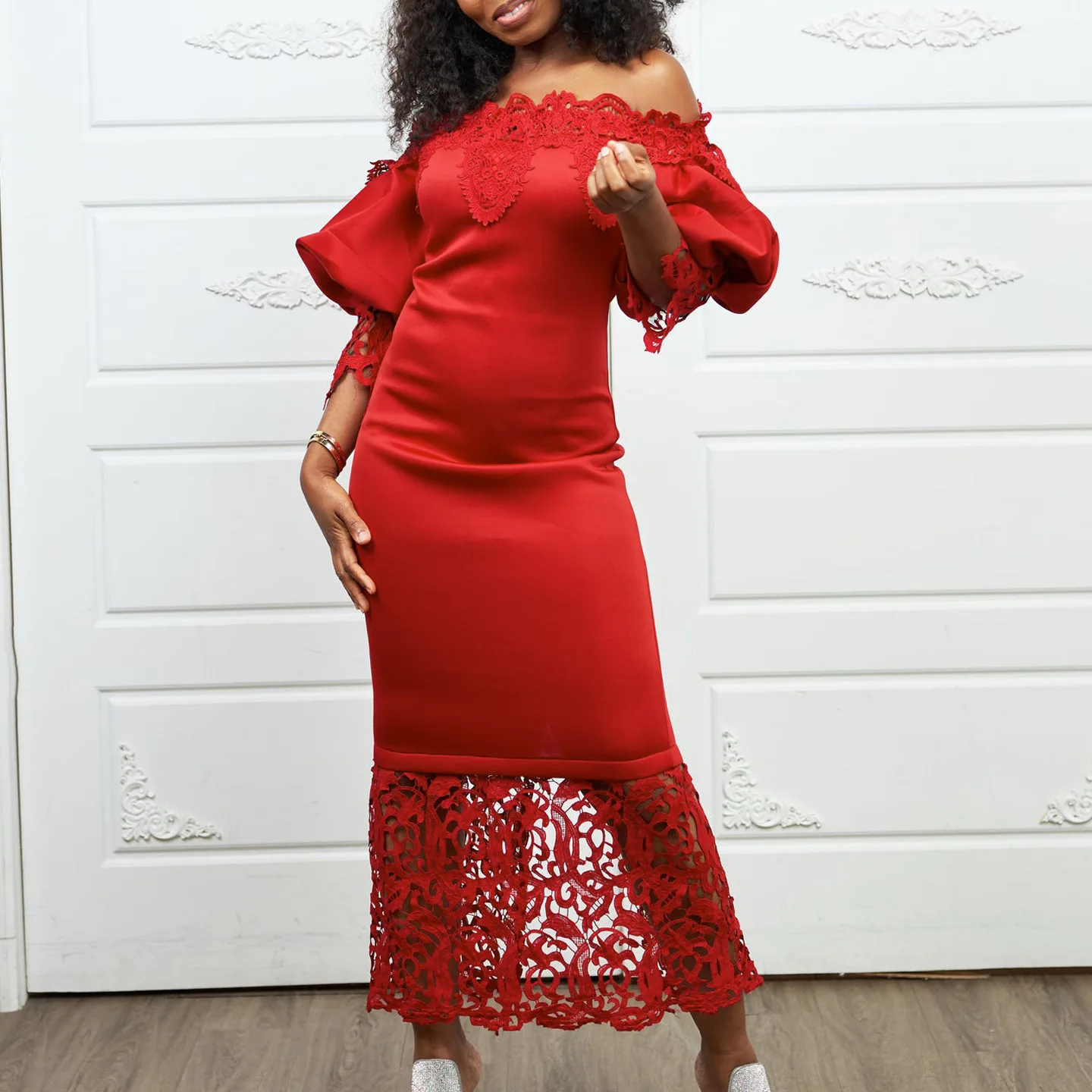 

Temperament Party Dress Women Fashion Slash Neck Lace Spliced ​​solid Color Lantern Sleeve Slim OL Long Dresses Bridesmaid Skirt