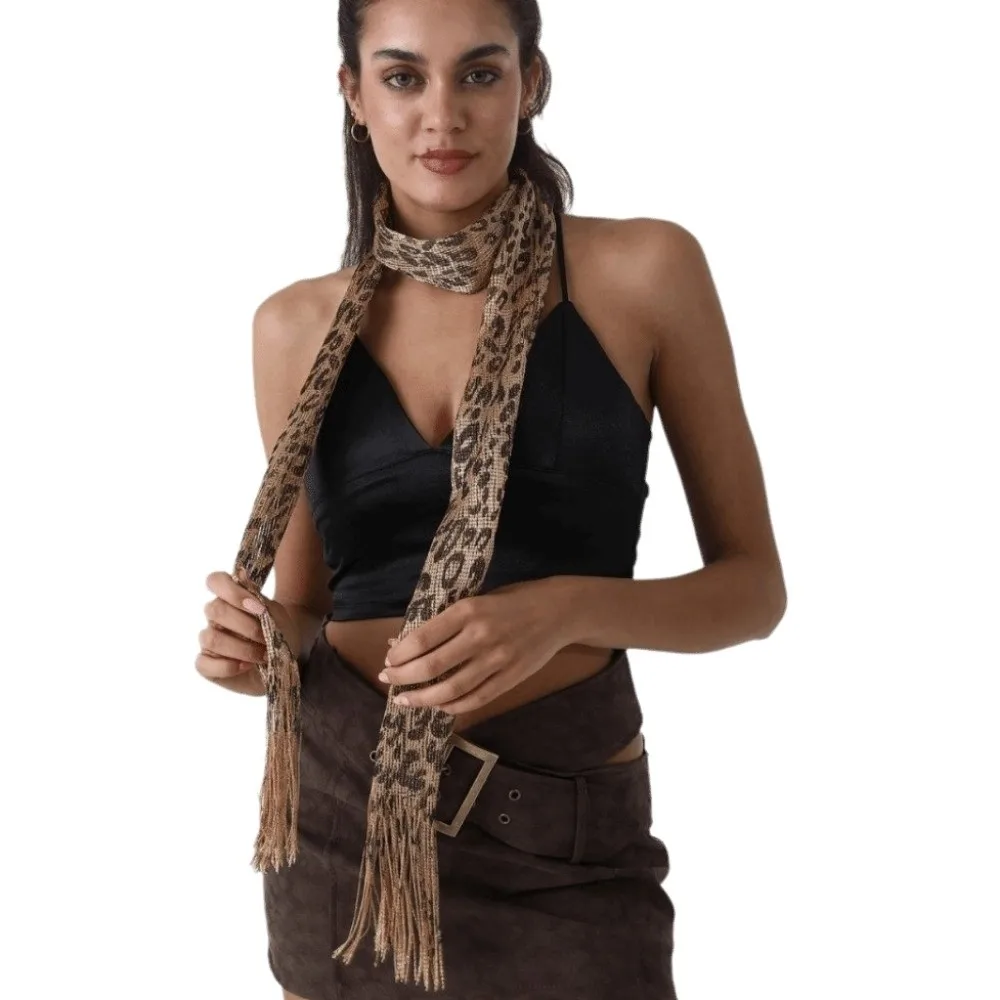 Trendy Shiny Women Tassel Scarf Long Strip Fashion Tiger Stripes Fringe Shawl Decorative Leopard Pattern Thin Ribbon Scarf Party