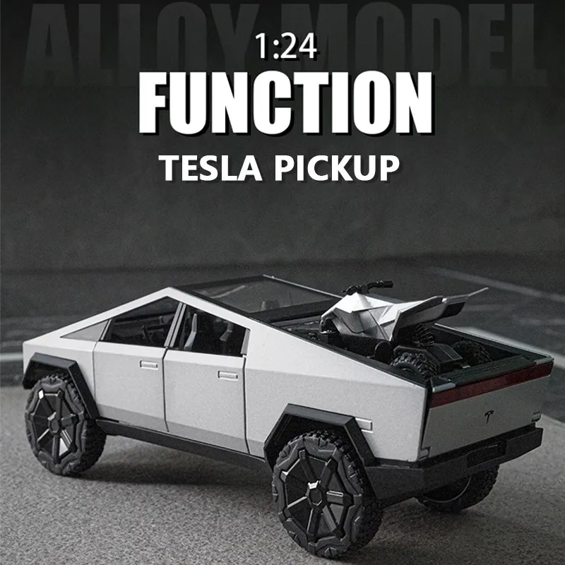 For Tesla 1:24 Cybertruck Pickup Car Simulation Diecast Metal Alloy Model Car Sound Light Pull Back Collection Toy Gifts 2023