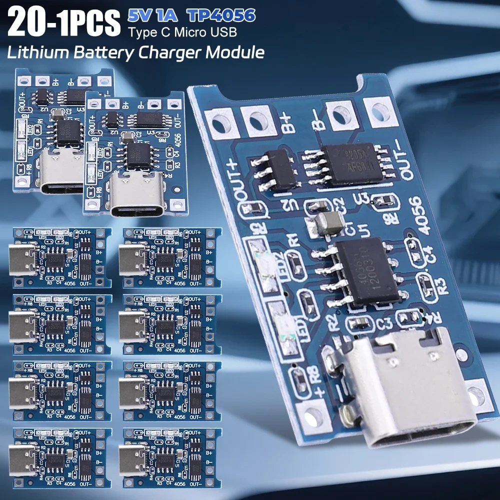 20-1 pces 4.5v-5v 1a micro usb/tipo-c/mini tp4056 módulo de carregador de bateria de lítio placa de carregamento com funções de proteção li-ion