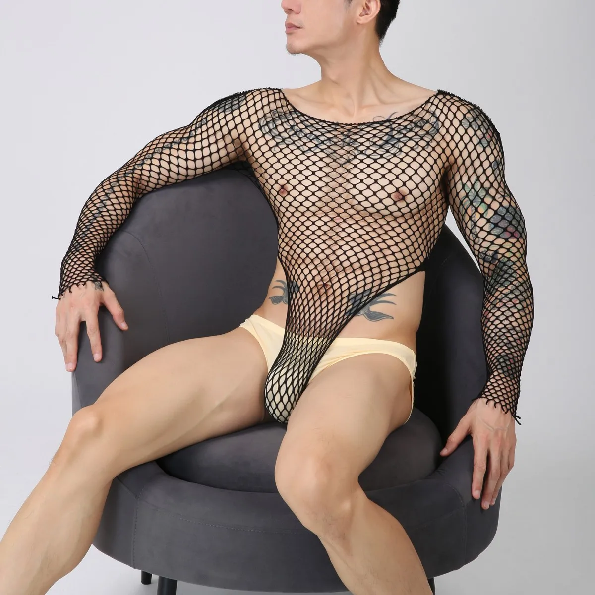 

Men's Sexy Fishing Net Bodysuit 90KG Wearable Round Neck Long Sleeved Hollow Out Seductive Wild Erotic Lingerie For Adult Male
