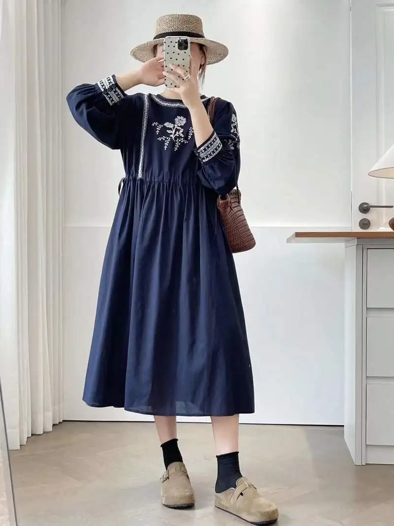 Japanse Vintage Mori Meisje Etnische Stijl Borduren Katoenen Jurk Vrouwen Herfst Stand Kraag Lange Mouw Casual Losse Midi Jurken