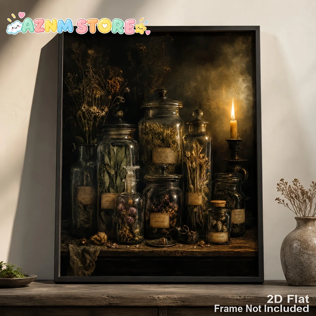 2027Apothecary Herb Jars & Witchy Glass Bottles Poster - Dark Moody Vintage Pharmacy Print, Vertical Suitable for Bedroom, Ba