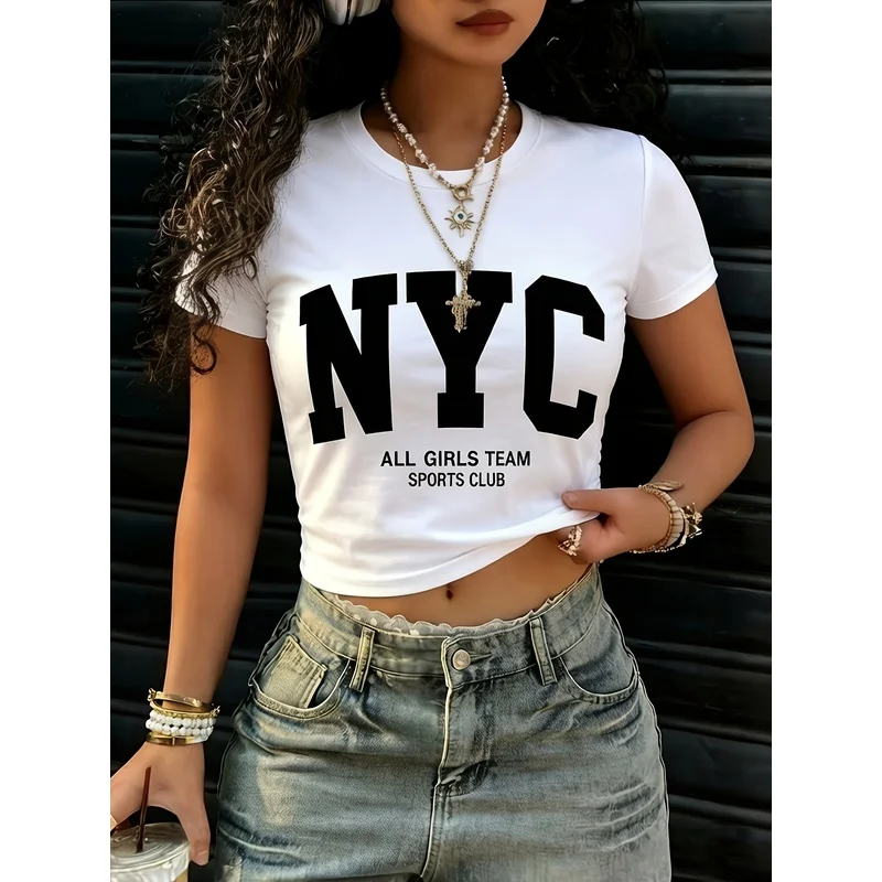 European and American casual sports round-neck women's summer T-shirt with printed letteringNYCPrinted tight-fitting short-sleev