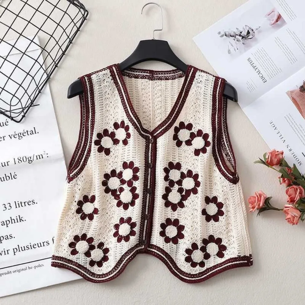 V-neck Embroidery Crochet Flower Vest Hollow Out Cardigan Jumpers Waistcoat Top Korean Style Single Breasted