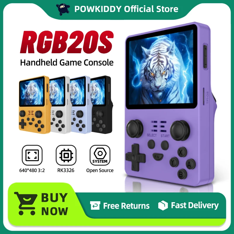 Портативная игровая консоль POWKIDDY New Purple RGB20S, ретро-консоль с открытым исходным кодом RK3326, 3,5 дюйма, экран 4:3 IPS, детские подарки