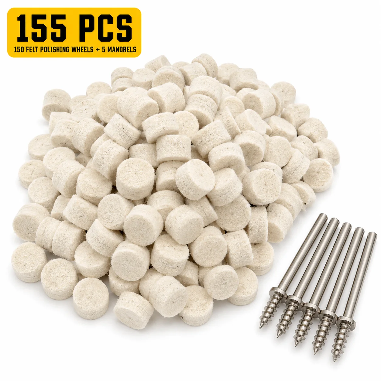 155PCS 1/2 Inch Felt Polishing Wheel Kit, 150 Buffing Pads with 5 Mandrels for Rotary Tools, Jewelry and Metal Finishing