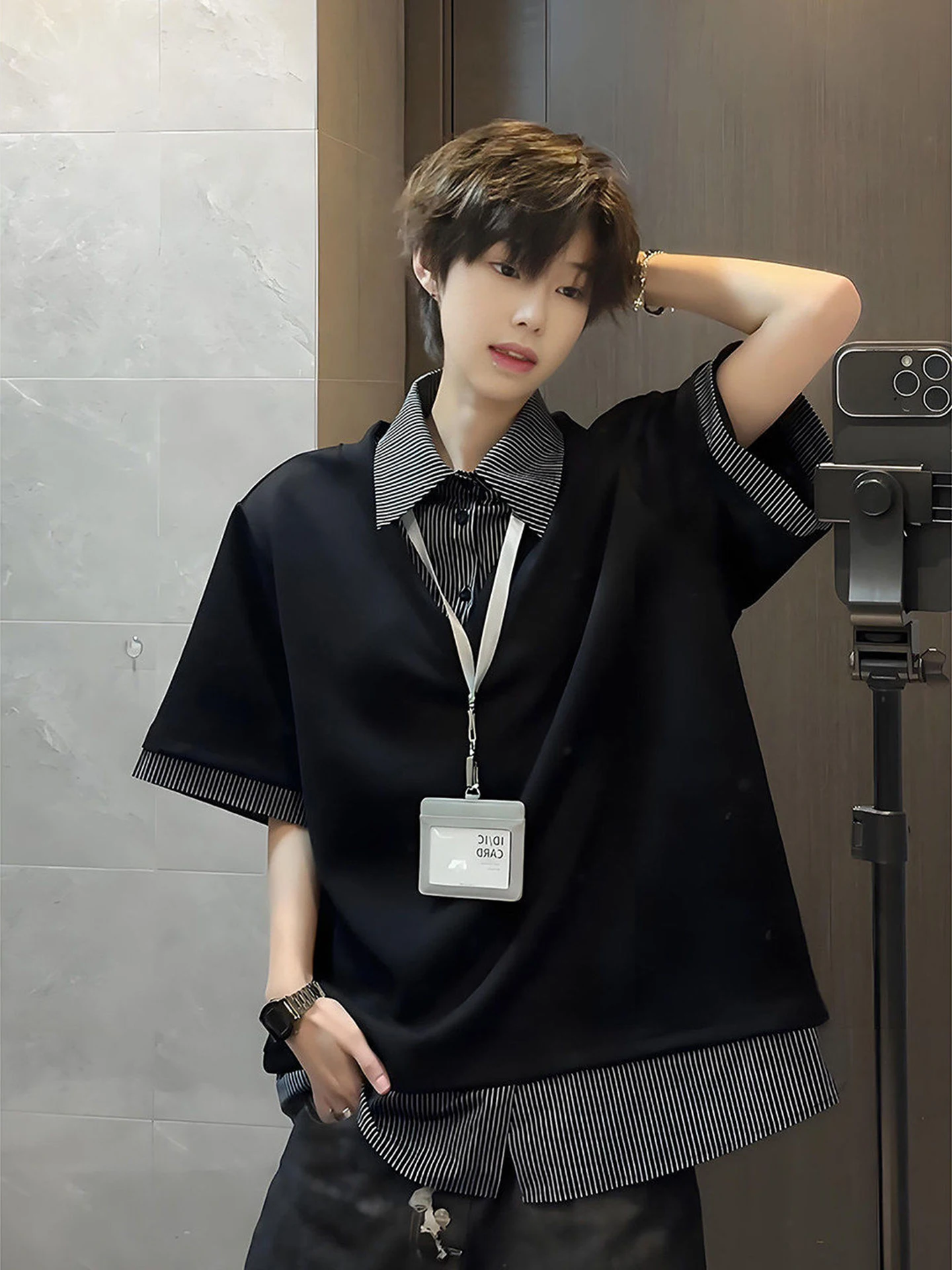 American Style Striped  Shirt Shoulder Pads Short Sleeve Flip Collar T-Shirt Breathable Loose Fit Summer Fashion for Men