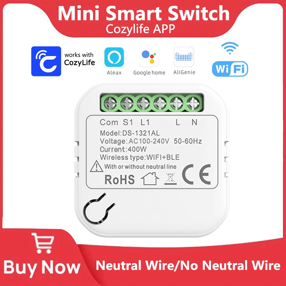 Cozylife WiFi Mini Smart Switch No Neutral Wire 400W DIY 2-Way Control Smart Switches Breaker Module Work With Alexa Google Home