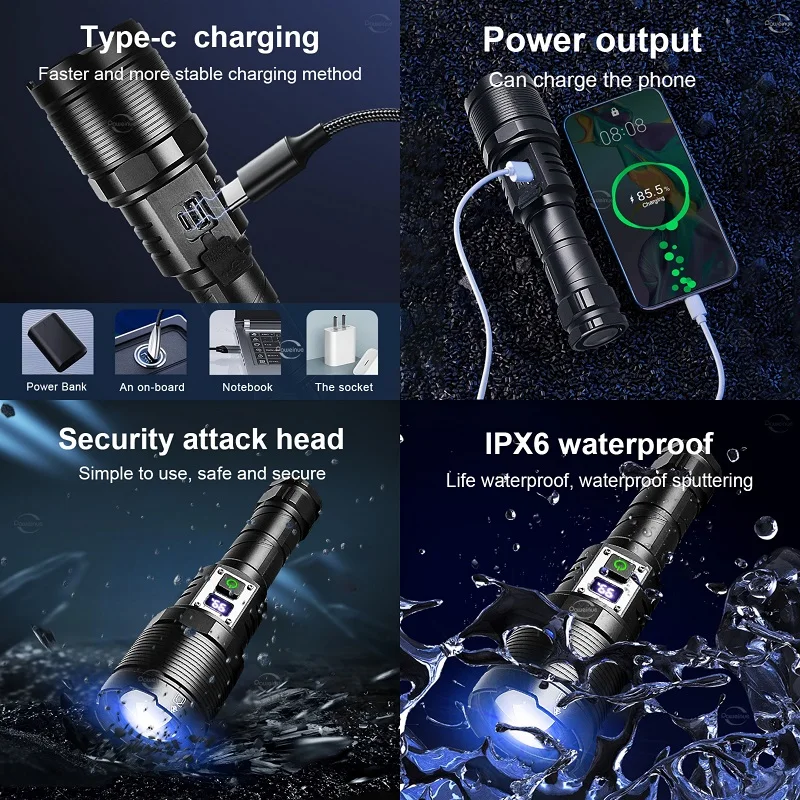 Flashlight With Usb Charging Zoom 1500M Rechargeable Lamp High Power Led Flashlights Battery Display Torch Light