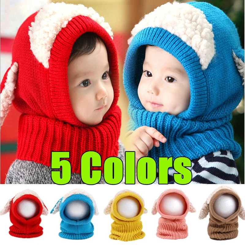 

New 5 Colors Baby Winter Hat With Scarf Toddler Winter Beanie Warm Hat Hooded Scarf Earflap Knitted Cap Cute Kids Hat Scarf Set