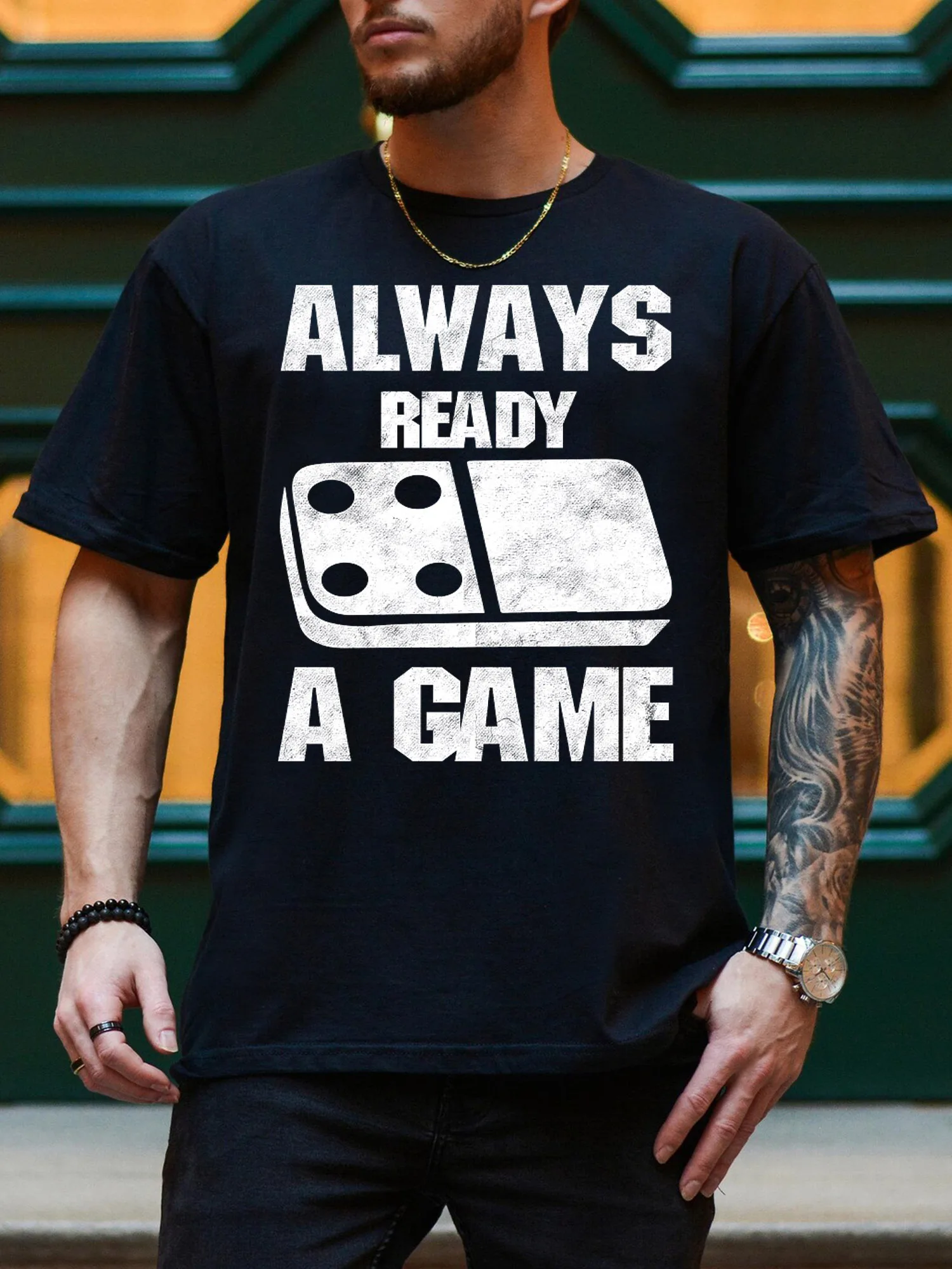 

Always Ready For A Game Men's Graphic Tee, Pure Cotton Everyday Black T-Shirt, Lightweight Round Neck Tee