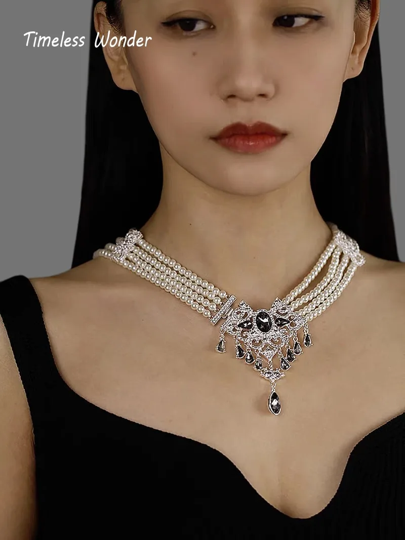 Timeless Wonder Fancy Zircon Geo Glass Pearl  Pave Necklace for Women Designer Jewelry Runway Trendy Art Deco Vintage Set 4526