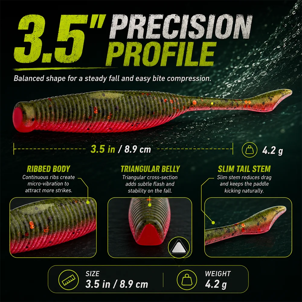 ZUKIBO 10pcs High Salt Soft Worm Bait 3.5in Ribbed Finesse Lure for Bass Weightless Texas Rig Sinking Fishing Lures view 3