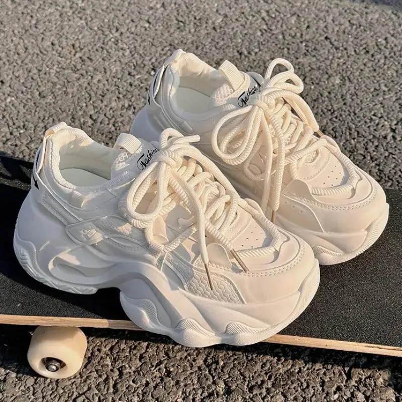 High Platform Sneakers Women Leather Dad Shoes Women Black Chunky Sneakers Thick Sole Shoes 2025 Fashion Height Increasing Shoes