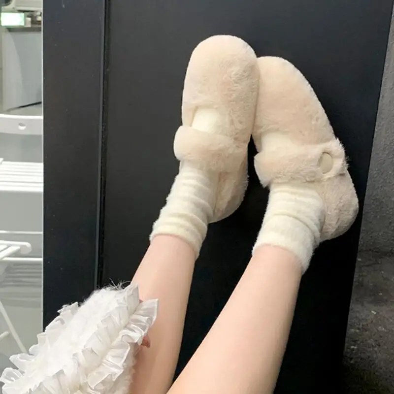 Winter Fur Flat Shoes Women’s Warm Plush Mary Jane Casual Ballet Shoes Outdoor Round Toe Shallow Footwear Large Size 41-43