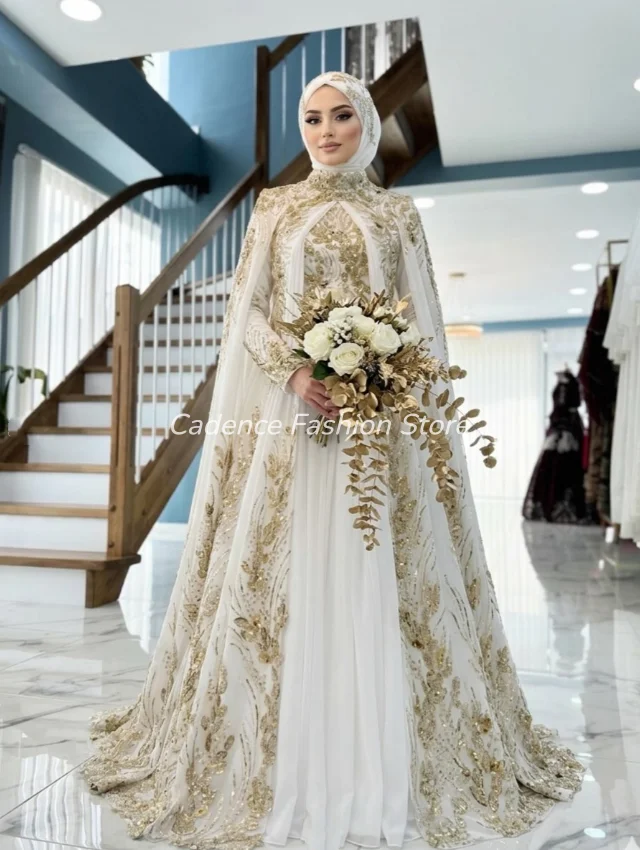white and gold muslim wedding dress White and Gold Muslim Wedding Dress