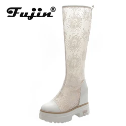 Fujin 10cm Genuine Leather Air Mesh Knee High Women Boots Summer Shoes Platform Boots Wedge Sexy Lace Women Summer Boots