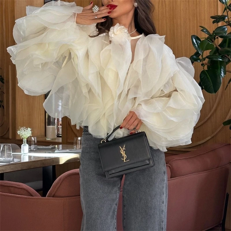 

Round Neck Layered Ruffle Blouse For Women Long Sleeve Cropped Lettuce Edge Patchwork Top For Office Party Night Birthday Gift