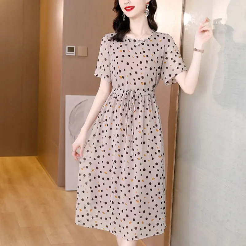 

Elegant O-Neck Printed Shirring Bandage Polka Dot Midi Dress Women Clothing 2024 Summer New Loose Office Lady Short Sleeve Dress