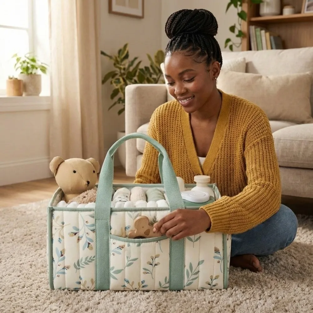 Large Capacity Baby Diaper Organizer Multi-Pocket Multifunctional Nursery Storage Basket Portable Floral Beige