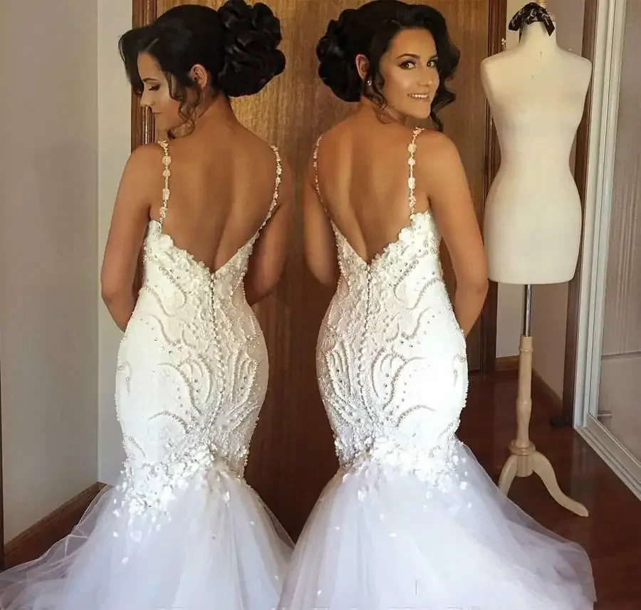 Sereia rendas pérolas vestidos de casamento 2022 trem varredura cabido alças espaguete plus size país africano vestido noiva sem costas