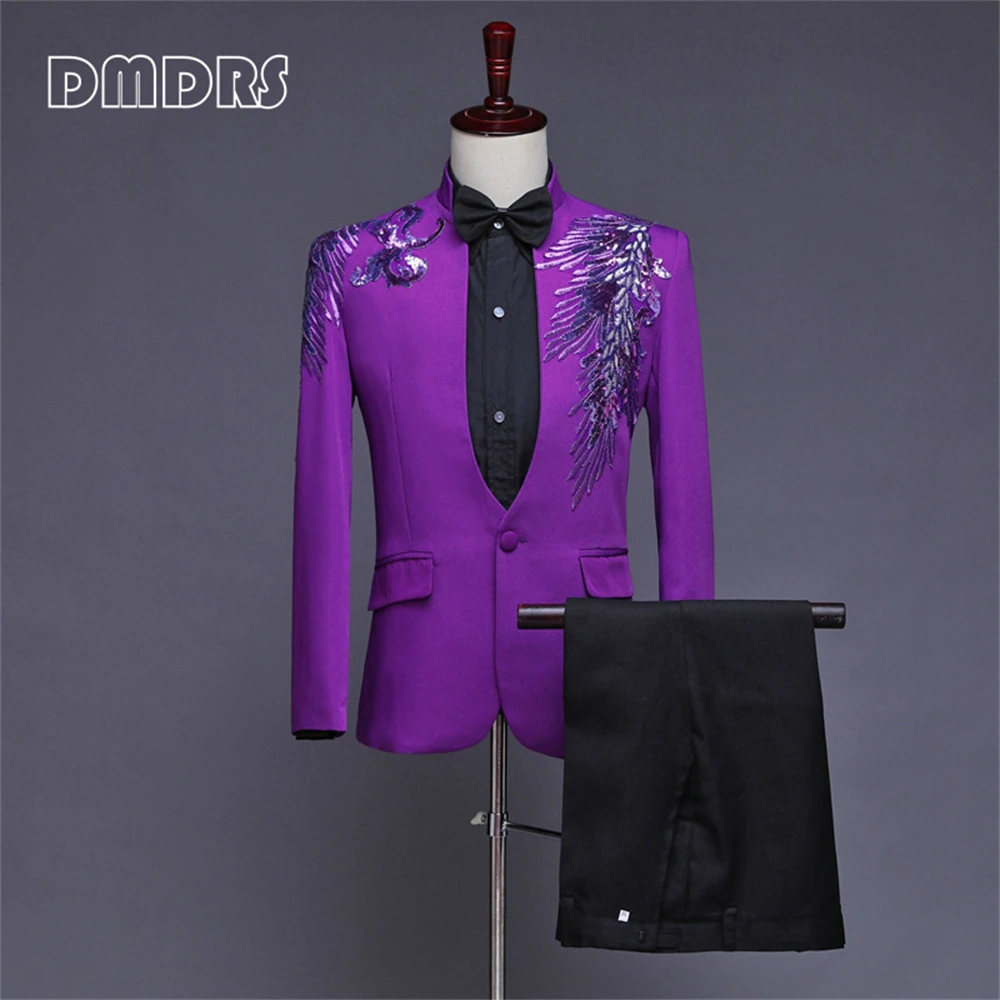 Shawl Neck Sequined Men's Suit Set Feather Pattern 2 Pieces Tuxedo For Men Jacket Pants Performance Costumes Dresswear