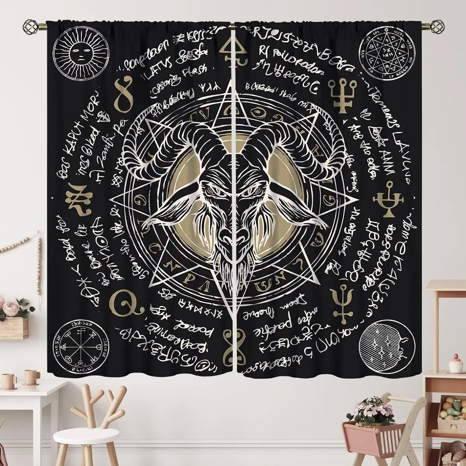 Boho Astrology Celestial Constellation Tarot Curtain Witchy Zodiac Symbols Black and Gold Mystic Spiritual Room Decor Window Dra