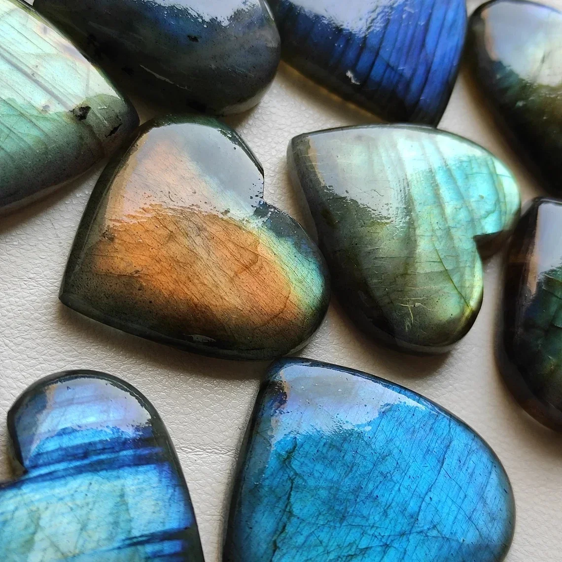 2-Piece Natural Labradorite Heart Cabochons, Smooth Polished Flat Back Gemstones for Jewelry Making, Wire Wrapping & Crystal Pen