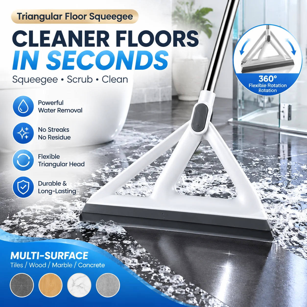 Stainless Steel Floor Squeegee Heavy Duty Water Removal Blade For Bathroom Tile Shower Glass Kitchen Garage Window Cleaning