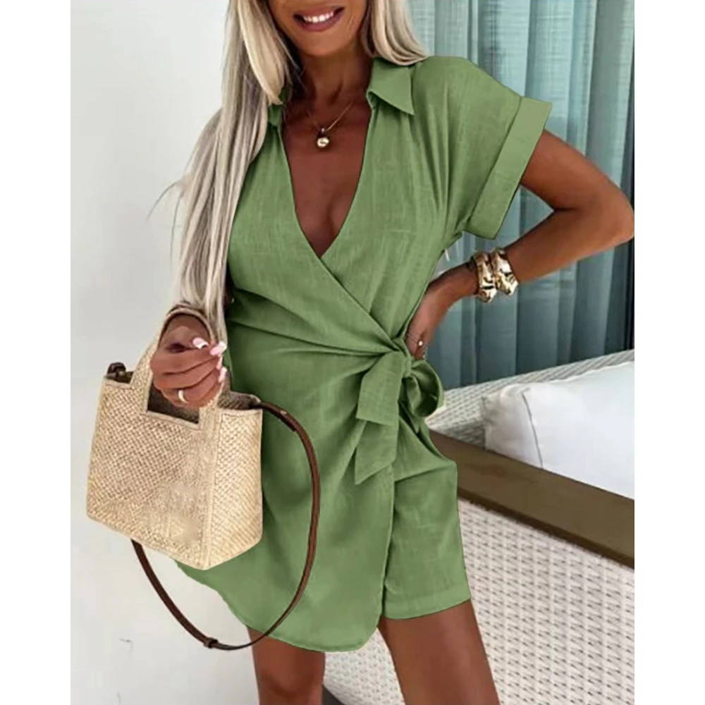 New In Shorts Playsuit Summer Women Short Sleeve V Neck Rompers Casual Turn-down Collar Lace-up One Piece Outfits Streetwear y2k