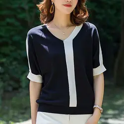 Spring Summer New Women Clothing T-Shirts V-neck Contrast Color Patchwork Simplicity Fashion Office Lady Half Sleeve Slim Tops