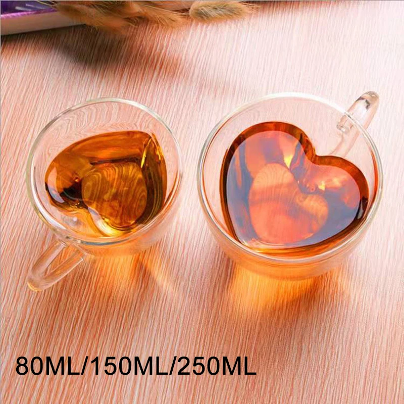 

Heart Love Shaped Glass Mug Couple Cups Double Wall Heat-Resisting Wine Glasses Tea Cups Milk Espresso Coffee Mug Drinkware