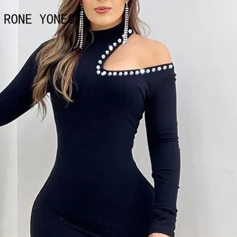 Women Rhinestone Decoration One Shoulder Long Sleeves Mini Bodycon Basic Dress