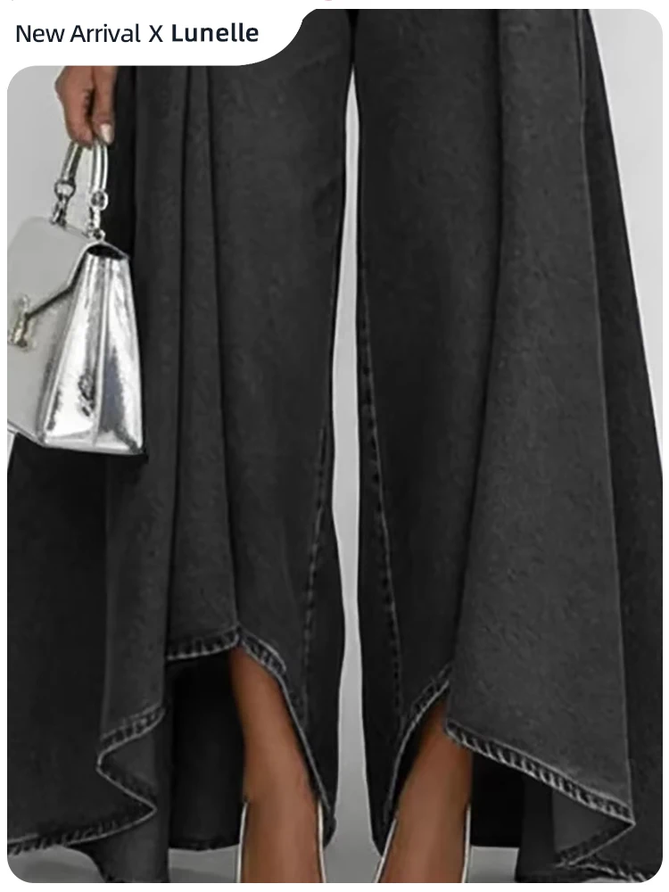 Vintage Washed Denim Palazzo Pants For Women High Waist Loose With Pockets High Street Retro Chic Streetwear Wide Leg Long Jeans