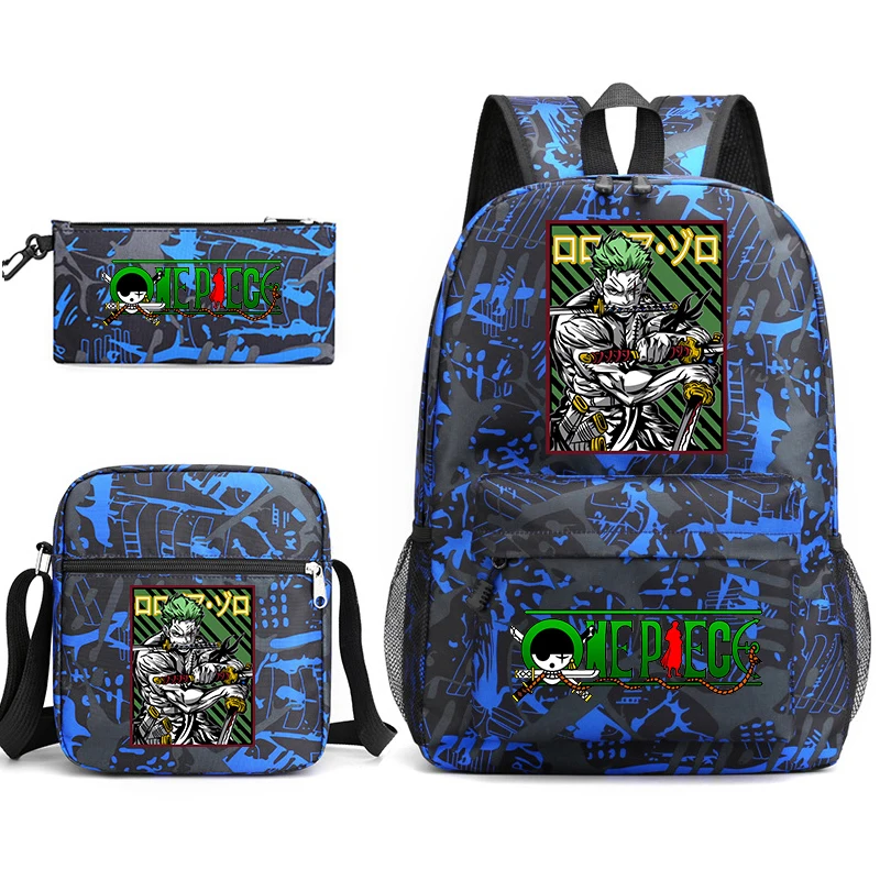 Conjunto de mochila escolar com estampa One Piece Zoro, com bolsa de ombro e estojo para crianças, adolescentes, viagens escolares, leve