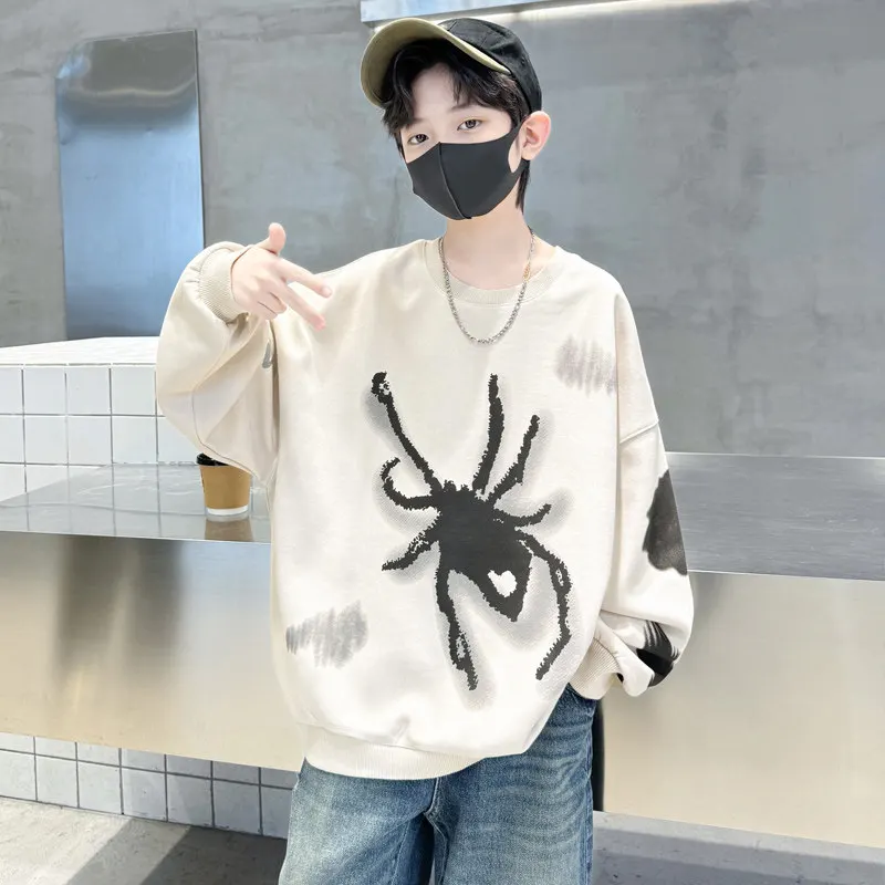 

Sweatshirts for Boy Spider Pattern Fashion Print Spring Autumn Korea Style Loose Hoodies Sweatshirt Casual Pullover Teen Clothes