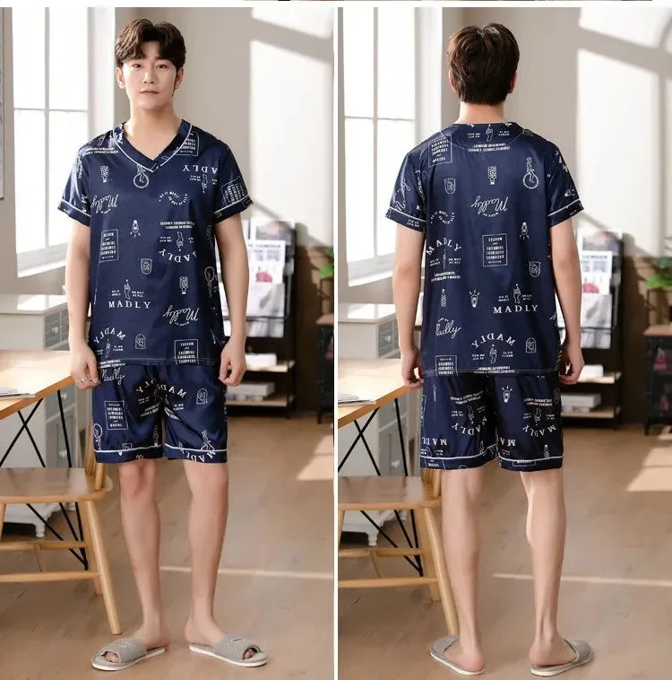 Pyjama Männer Eis Seide Kurzarm Student Homewear zweiteiliges Set von leicht zu reinigenden Kurzarm Shorts Nachtwäsche Lounge wear – Detail 5
