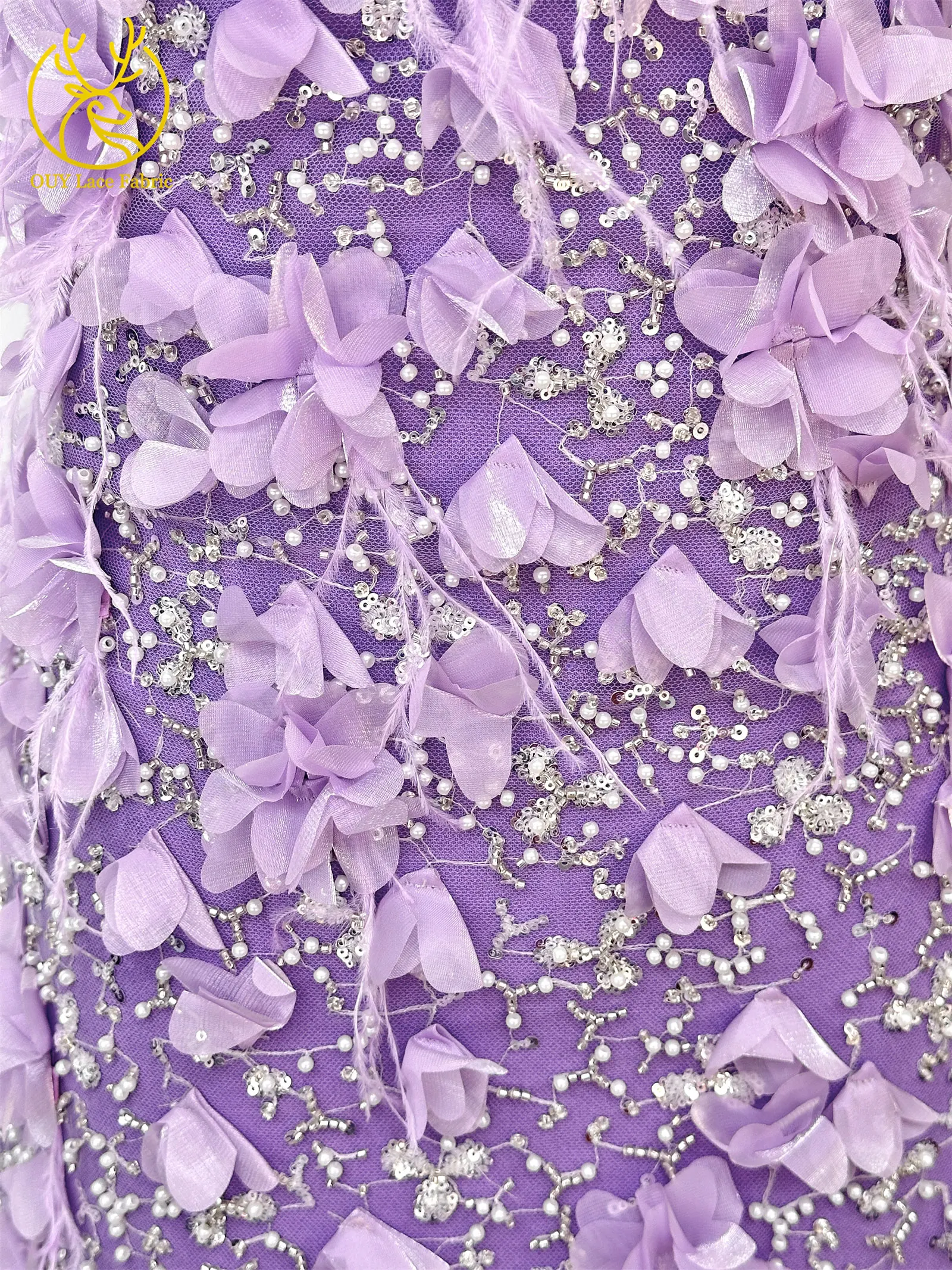 Eleganter handgefertigter 3D-Applikations-Spitzenstoff 2026, hochwertige französische Pailletten-Tüllspitze für Hochzeits- und Partykleider, 5 Yards – Detail 9