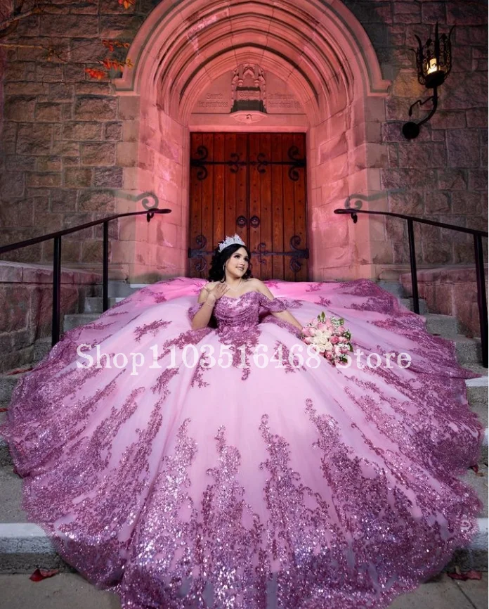 Rosa Prinzessin Quinceanera-Kleider, Ballkleider 2024, Mieder mit Pailletten, Kristallapplikationen, 15-Kleid, individuelles Quinceanera-Kleid