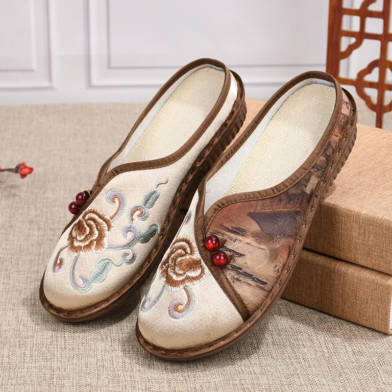 Women\'s 2024 Summer New Breathable Linen Hanfu Shoes Half Slippers Soft Bottom Ethnic Style Embroidered Shoes