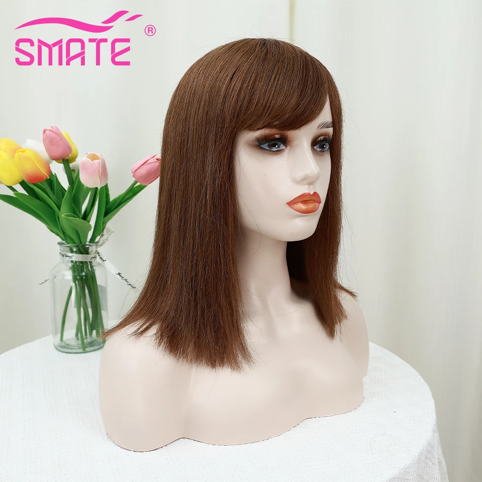 SMATE-Perucas retas para mulheres brancas, peruca dianteira do laço, comprimento do ombro, cabelo humano 100%, cor natural