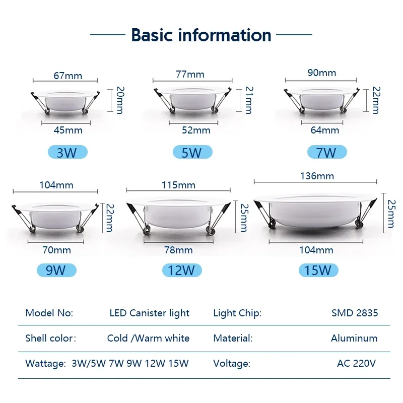 Diodo emissor de luz downlights ac 220v conduziu a luz de teto 3w 5w 7 recesso para baixo a luz redonda do painel do diodo emissor de luz 9w 12 15w