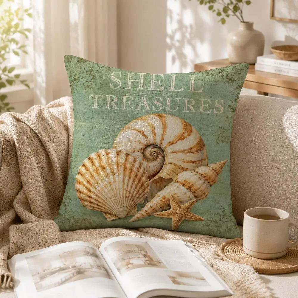 Timeless Coastal Shell Cushion Cover Linen Pillow Cover 40x40cm Decorative Cushion Case Boho Home Sofa Decor Gift