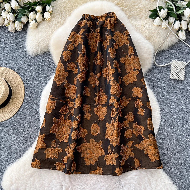 Women's French A-Line Midi Skirt High Waisted Versatile Fall Heavy Embroidery Jacquard Ruffle Hem Elegant Long Faldas SK137