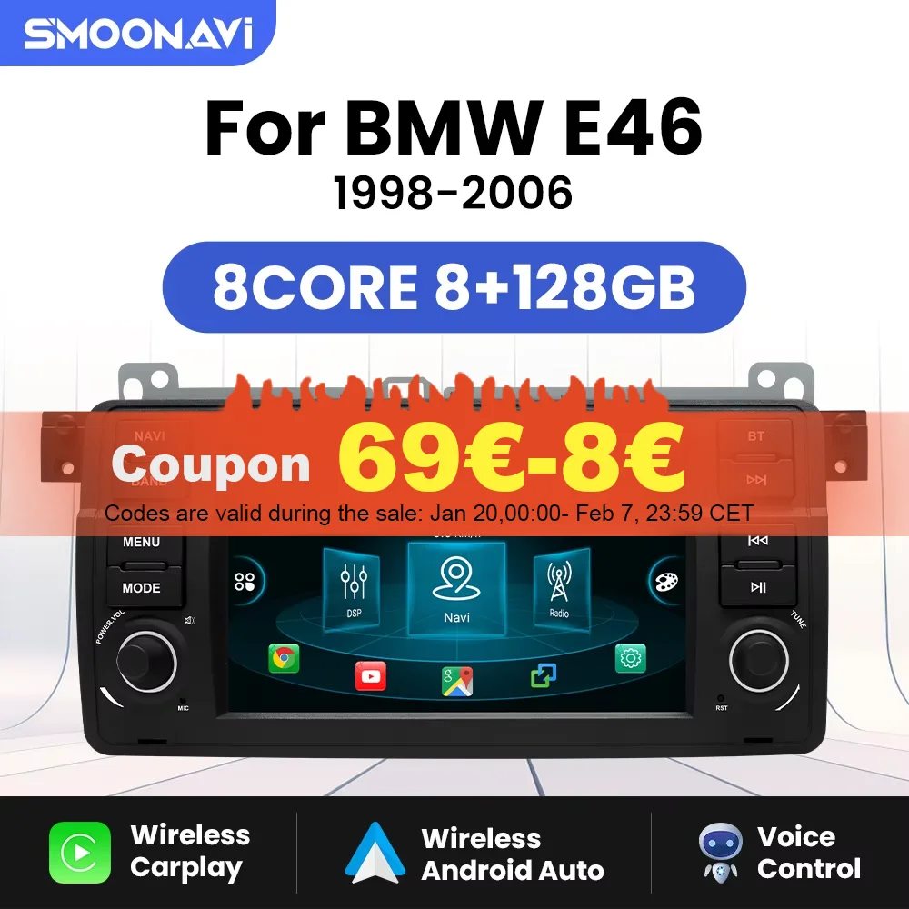 Android 14 Wireless CarPlay Android Auto Radio For BMW E46 M3 318/320/325/330/335 128GB Car Multimedia GPS 2din autoradio DSP